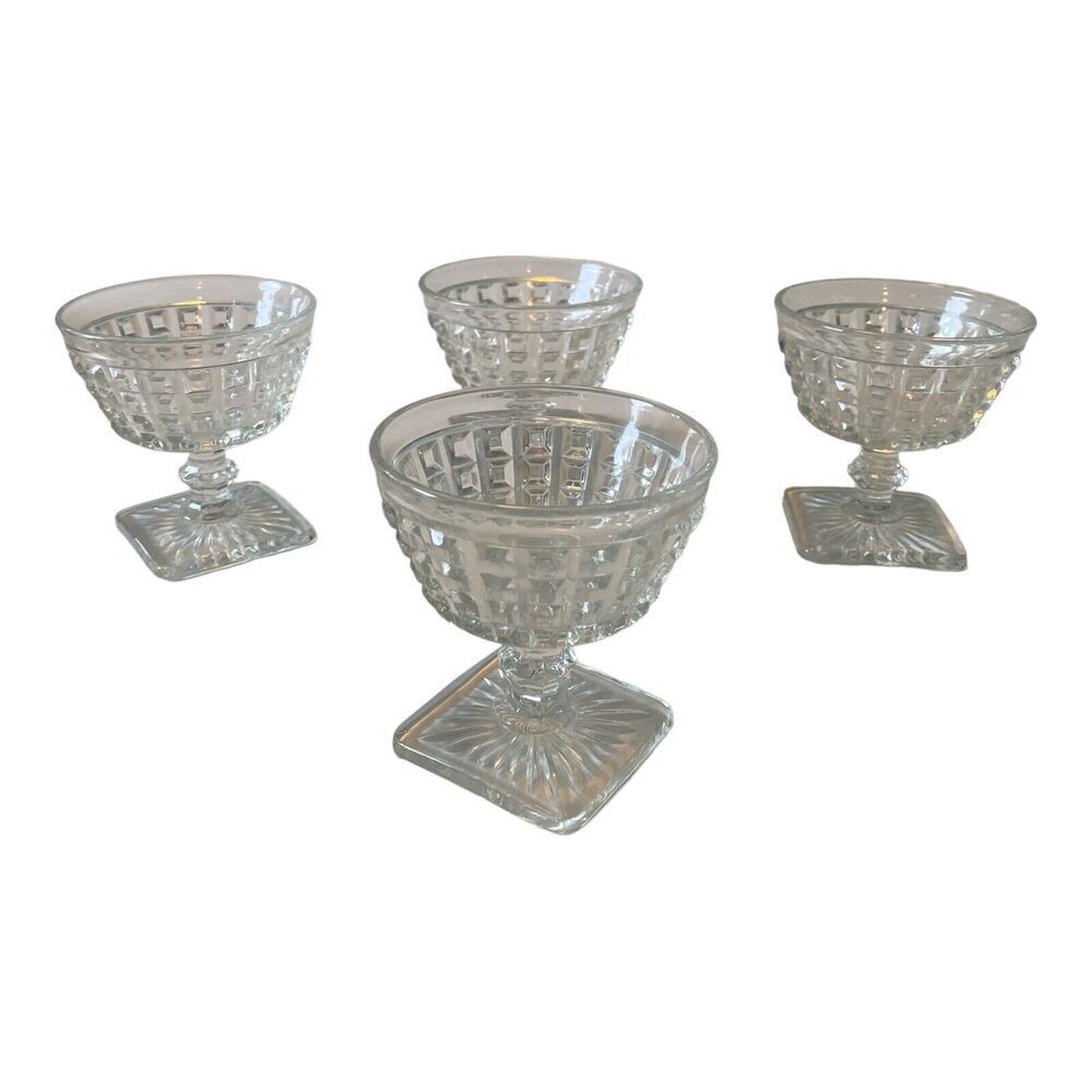 Set of 4 Imperial Monticello Waffle Crystal Glass Sherbets w Square Base - Picture 4 of 8